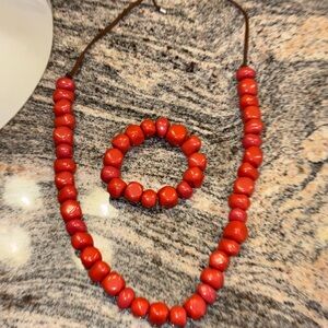 Red Beaded Necklace and Bracelet Set - Women Jewelry